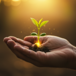 Bir kişinin avucunda tuttuğu tohumdan filizlenen yeşil bir bitki, loş arka planda yumuşak ışıkla aydınlanmış.