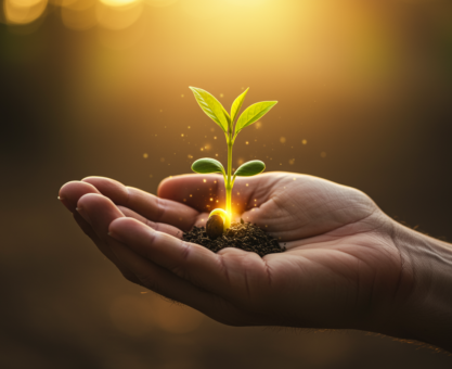 Bir kişinin avucunda tuttuğu tohumdan filizlenen yeşil bir bitki, loş arka planda yumuşak ışıkla aydınlanmış.