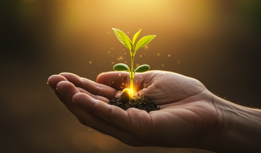 Bir kişinin avucunda tuttuğu tohumdan filizlenen yeşil bir bitki, loş arka planda yumuşak ışıkla aydınlanmış.