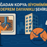 Deprem sonrası İstanbul’da doğadan ilham alınarak geliştirilen şehir tasarımı, kök yapılı bina temeli ve kırık harita vurgusu ile birlikte.