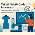 Tekstil sektöründe inovasyon temalı illüstrasyon – dijital ekran, dikiş makinesi ve akıllı üretim