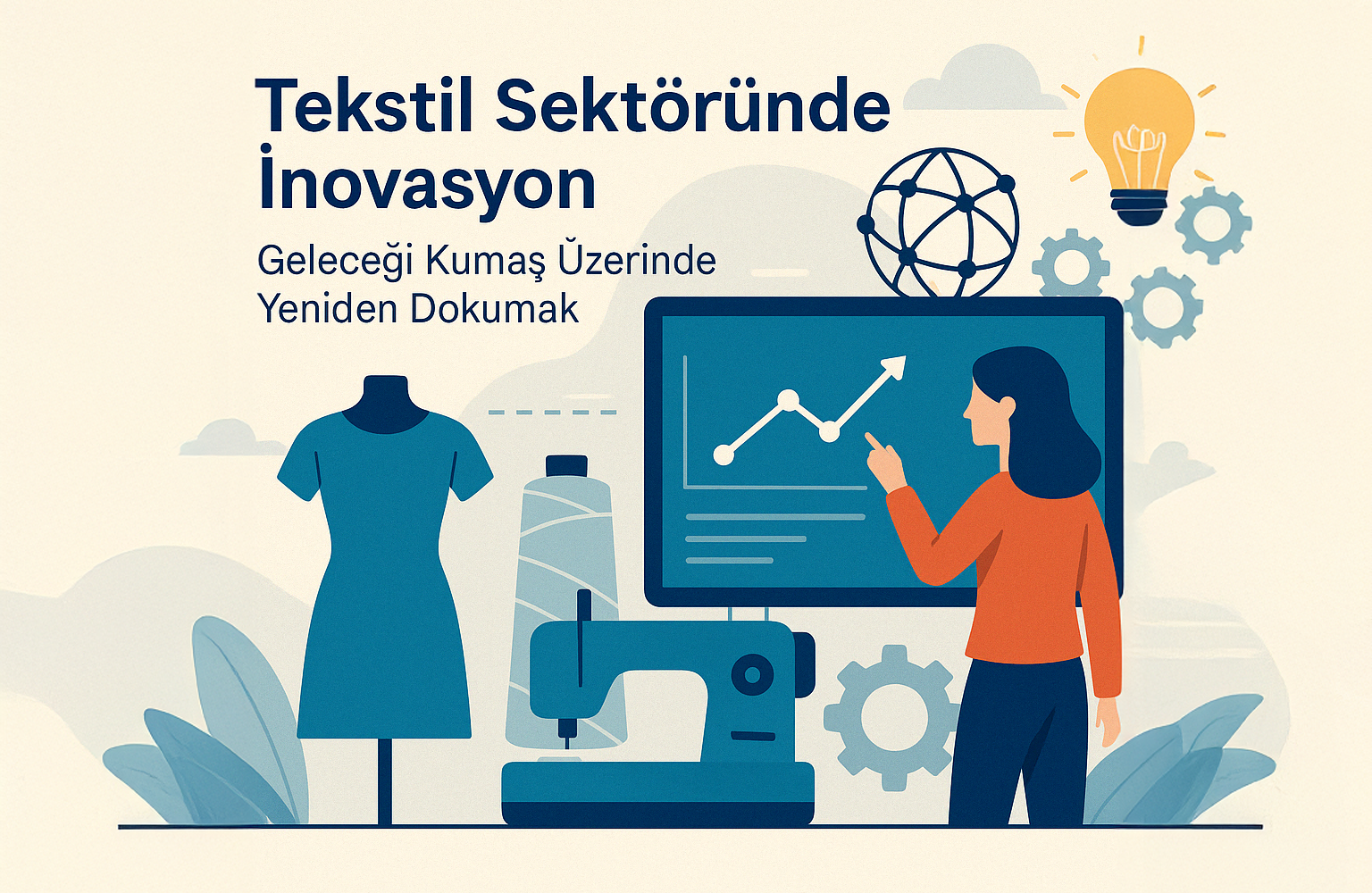 Tekstil sektöründe inovasyon temalı illüstrasyon – dijital ekran, dikiş makinesi ve akıllı üretim