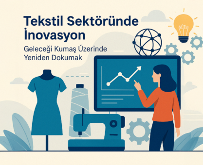 Tekstil sektöründe inovasyon temalı illüstrasyon – dijital ekran, dikiş makinesi ve akıllı üretim
