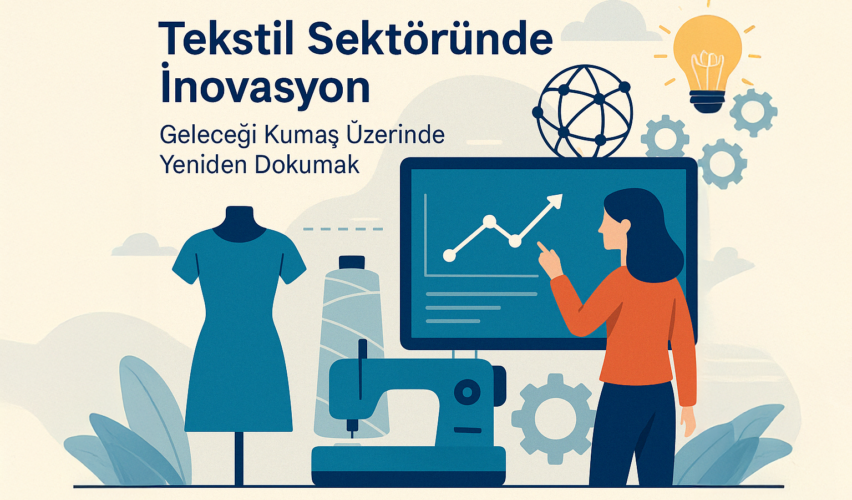 Tekstil sektöründe inovasyon temalı illüstrasyon – dijital ekran, dikiş makinesi ve akıllı üretim