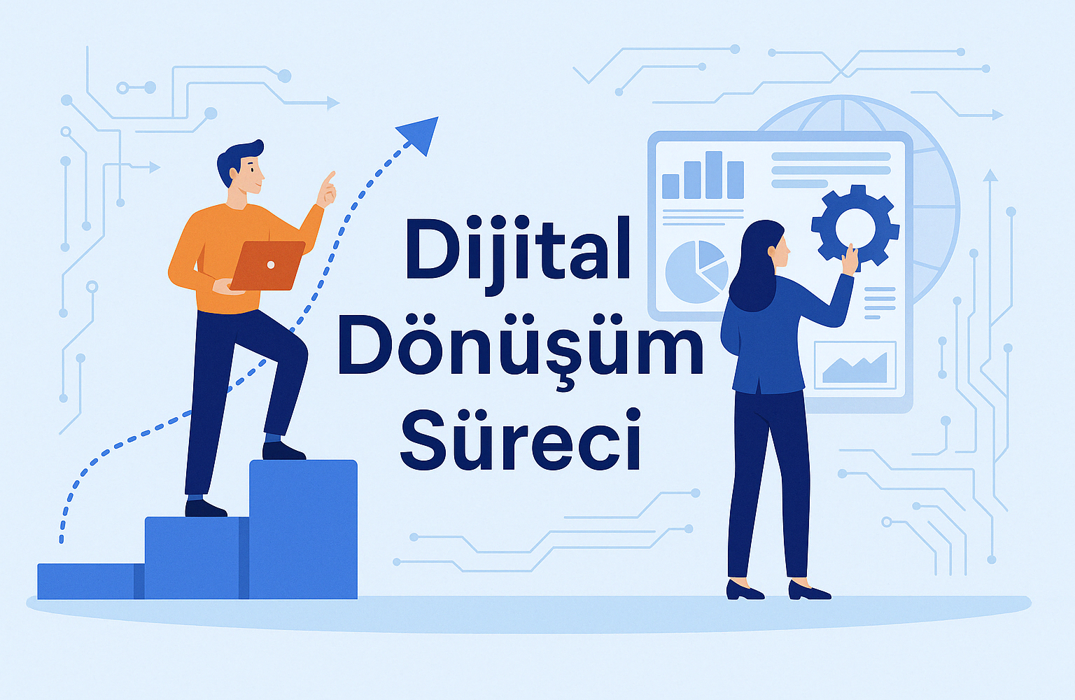 Dijital dönüşüm süreci temalı illüstrasyon – grafik arayüz kullanan insanlar ve gelişen teknoloji