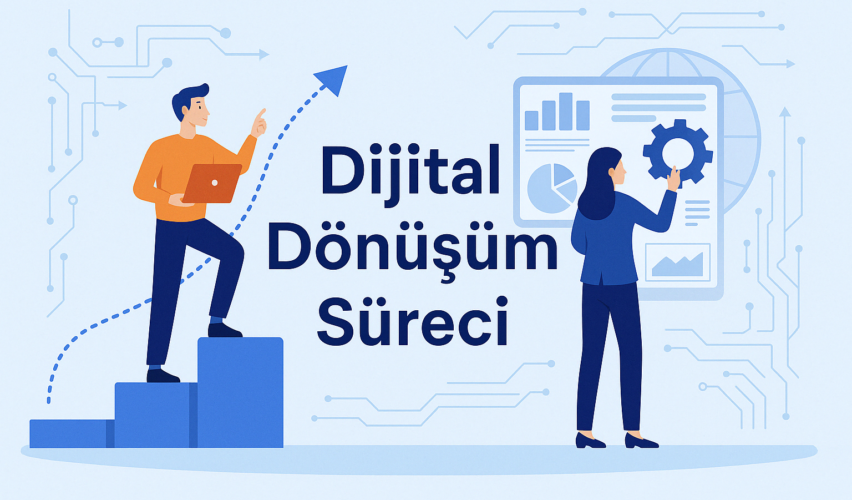 Dijital dönüşüm süreci temalı illüstrasyon – grafik arayüz kullanan insanlar ve gelişen teknoloji