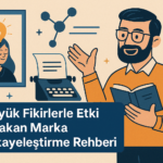 Marka hikayeleştirme temalı illüstrasyon – kitap okuyan kişi ve fikir ampulüyle anlatım sahnesi