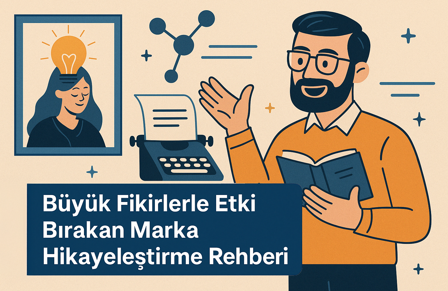 Marka hikayeleştirme temalı illüstrasyon – kitap okuyan kişi ve fikir ampulüyle anlatım sahnesi