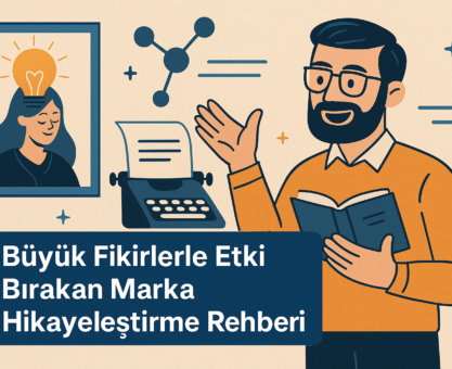 Marka hikayeleştirme temalı illüstrasyon – kitap okuyan kişi ve fikir ampulüyle anlatım sahnesi