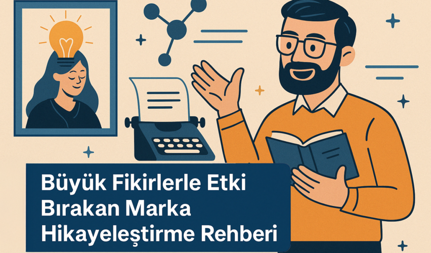 Marka hikayeleştirme temalı illüstrasyon – kitap okuyan kişi ve fikir ampulüyle anlatım sahnesi