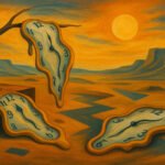 Salvador Dalí tarzında eriyen saatler ve turuncu gökyüzüyle gerçeküstü dijital illüstrasyon