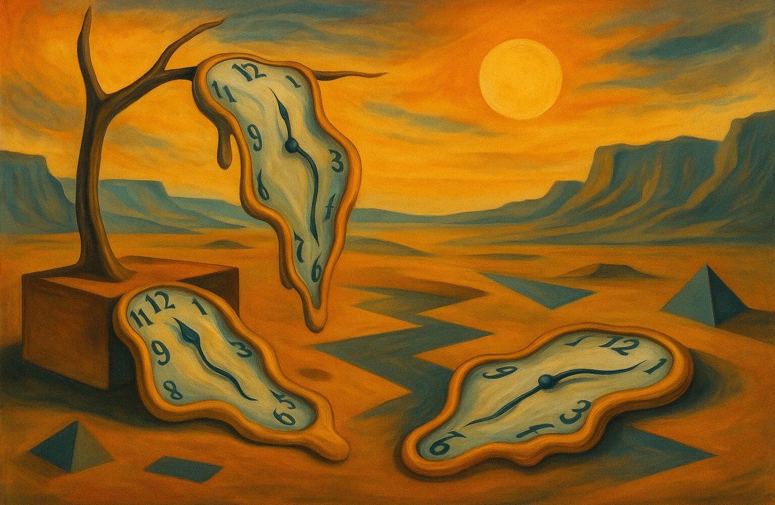 Salvador Dalí tarzında eriyen saatler ve turuncu gökyüzüyle gerçeküstü dijital illüstrasyon