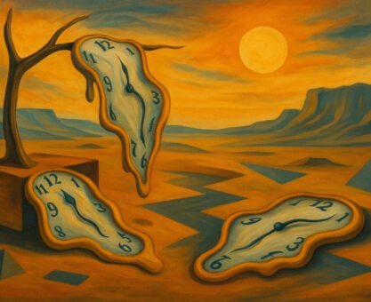 Salvador Dalí tarzında eriyen saatler ve turuncu gökyüzüyle gerçeküstü dijital illüstrasyon